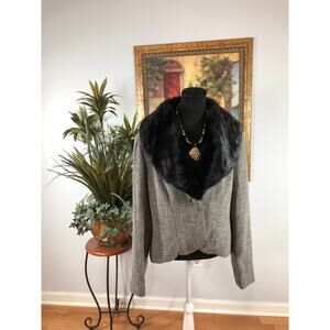 Apt. 9 Black White Tweed Blazer Jacket Removable Faux Fur Collar Single Button